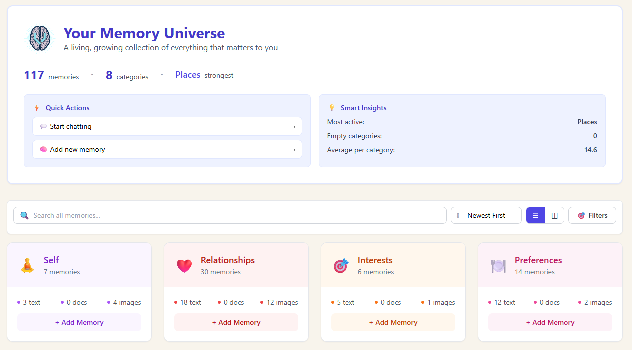 Vita Digital AI Memory Dashboard – browse and manage all your stored memories